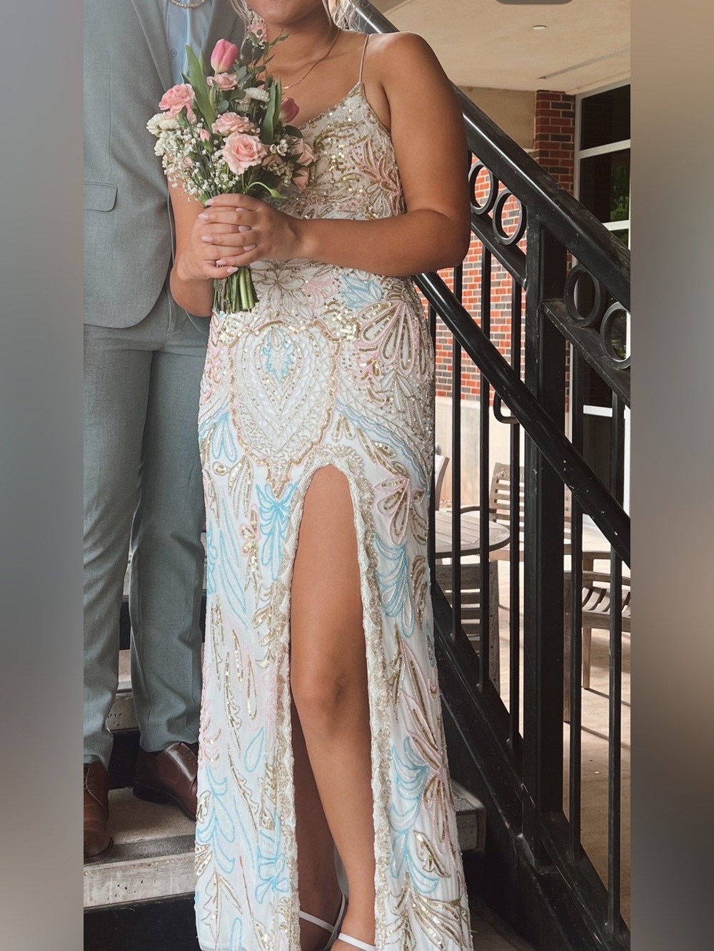 Rachel Allan Pastel Blue and Cream Beaded Prom Gown